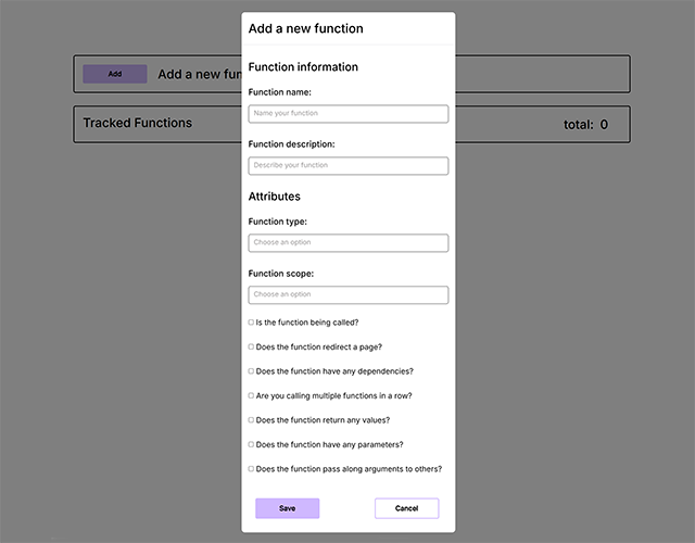JavaScript function checklist and tracker for developers to manage and monitor function details within a project.